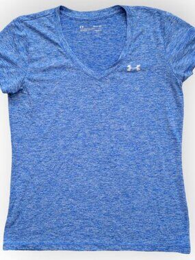 Under Armour Loose Fit Heathered Blue V-Neck Activewear Short Sleeve Tee Sz S